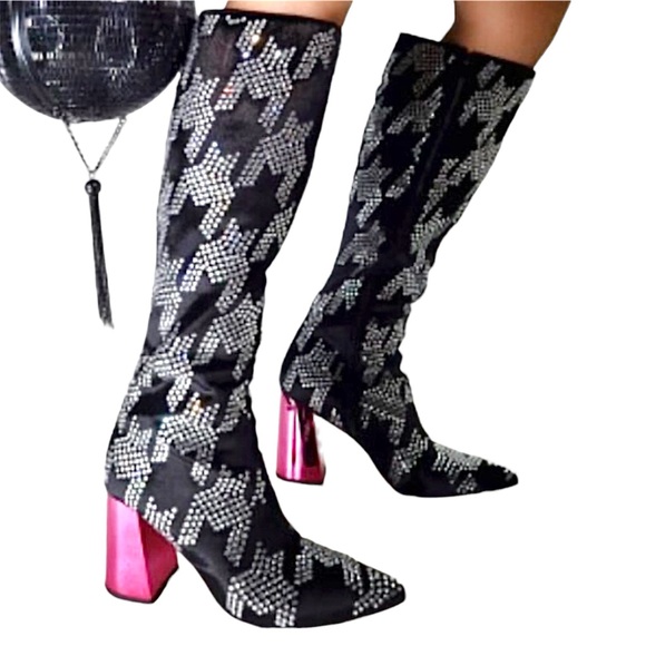 Betsey Johnson Naomy Rhinestone Houndstooth pink block heelTall Boots 6 NWOT - Picture 4 of 16
